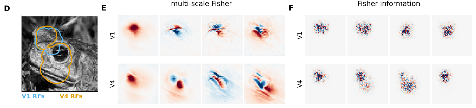 Example image with V1 and V4 receptive fields and the leading four eigenvectors of G(x) and J(x)